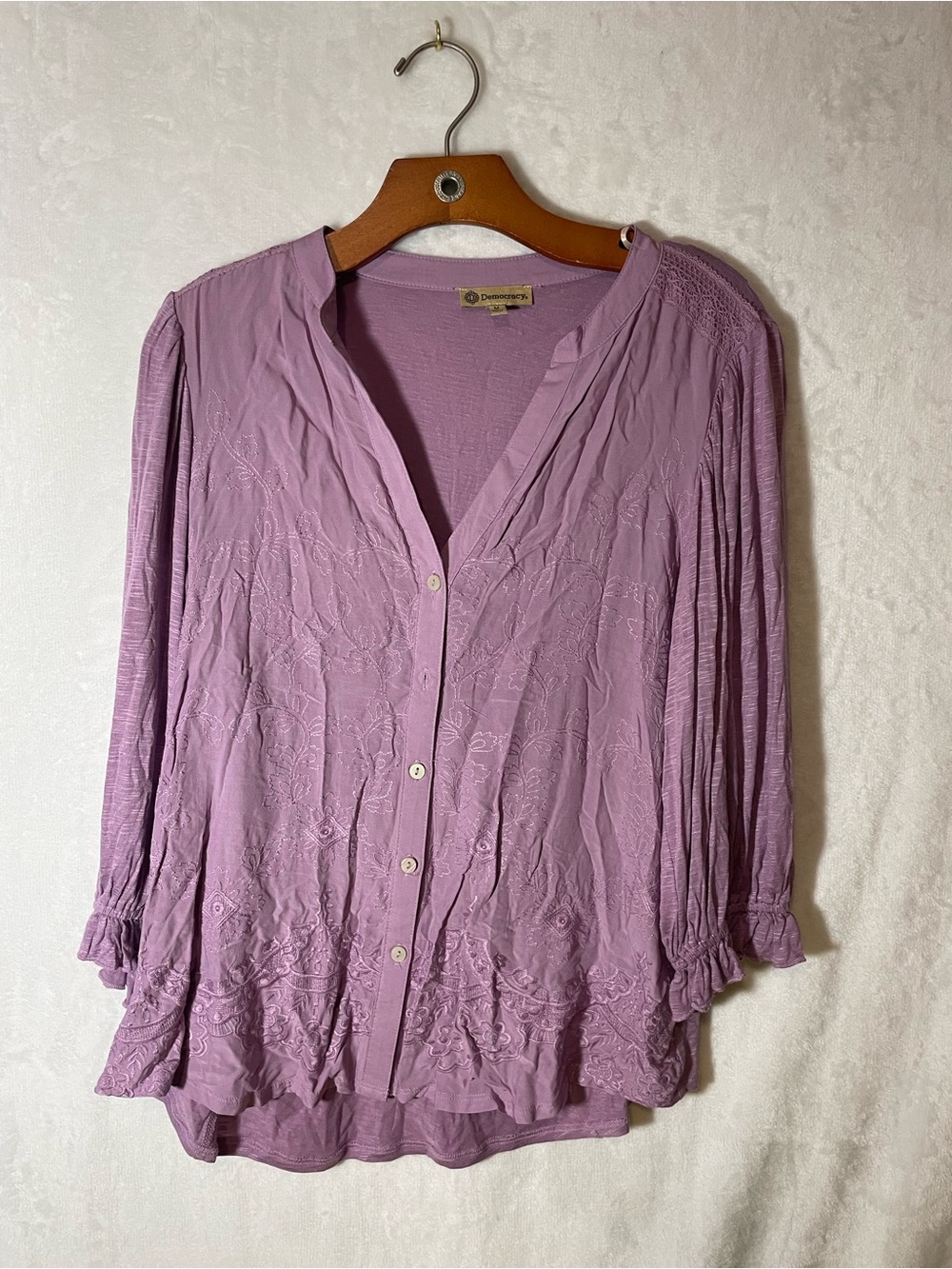 Democracy Lavender Embroidered Button-Down Blouse